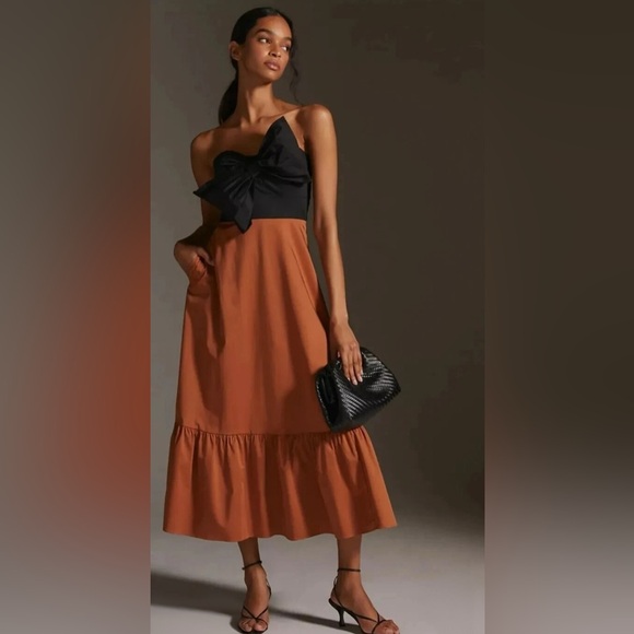 Anthropologie Hutch Black Motif Color block Bow -Tie Maxi Dress - Picture 2 of 10